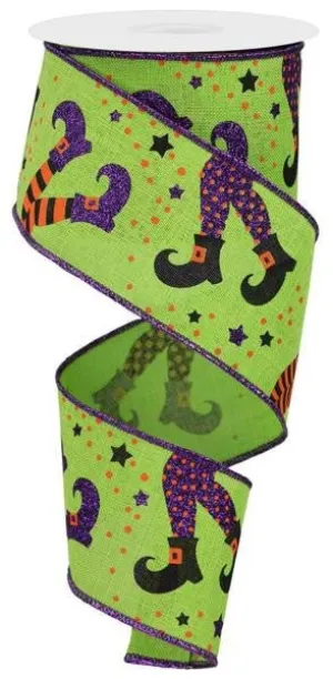 2.5" Witch Legs on Faux Royal Burlap Ribbon: Lime Green- 10yd