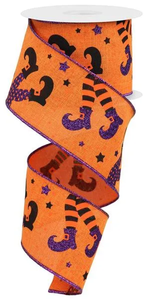 2.5" Witch Legs on Faux Royal Burlap Ribbon: Orange - 10yd