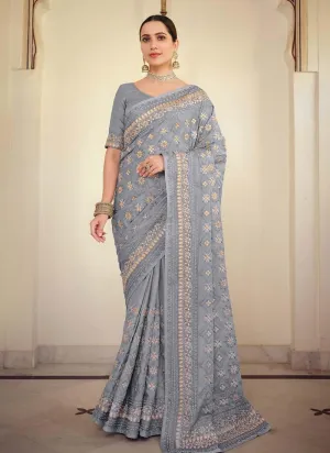 Amazing Look Georgette Base Grey Color Gota And Resham Work Saree