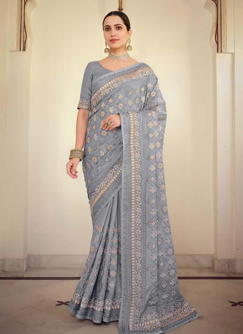 Amazing Look Georgette Base Grey Color Gota And Resham Work Saree