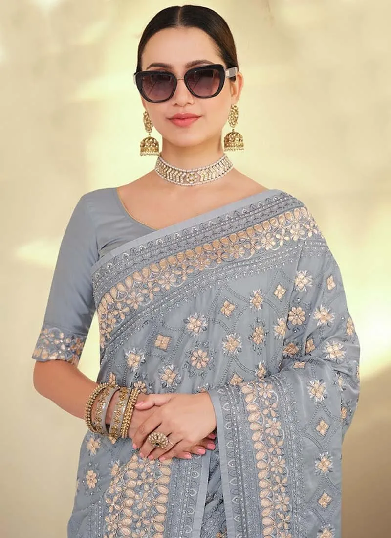 Amazing Look Georgette Base Grey Color Gota And Resham Work Saree