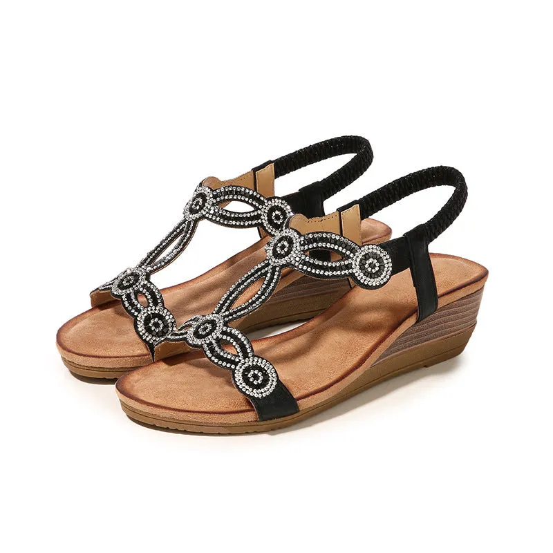 Bigsizeheels Ethnic Bohemian Wedge Sandals with Rhinestones