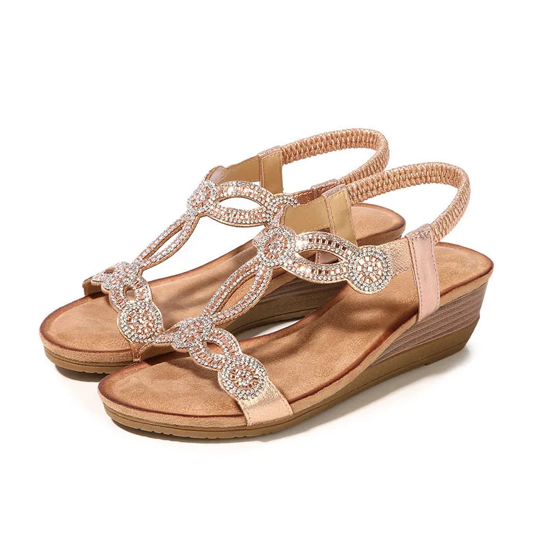 Bigsizeheels Ethnic Bohemian Wedge Sandals with Rhinestones