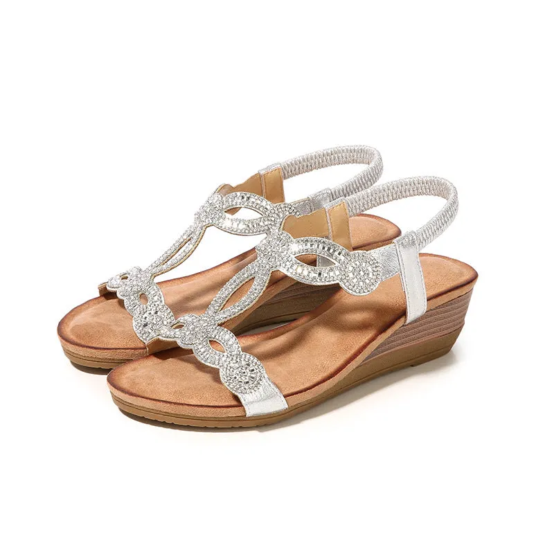 Bigsizeheels Ethnic Bohemian Wedge Sandals with Rhinestones