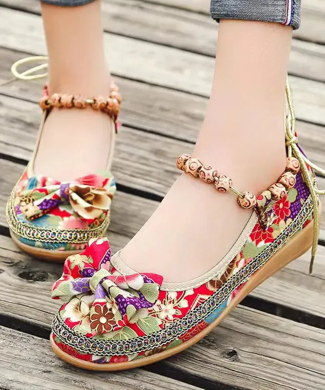 Black Bow Splicing Boho Wedge High Wedge Heels Shoes ML1032