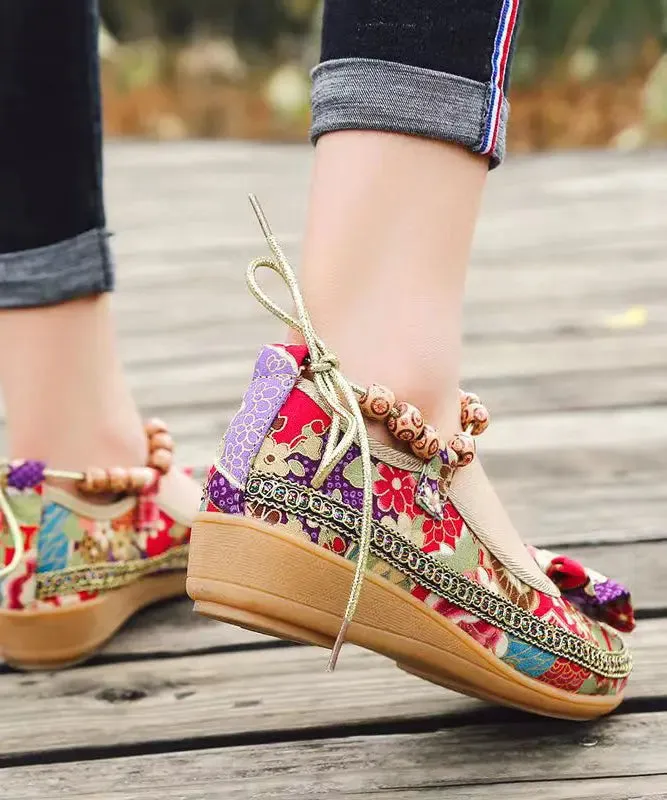 Black Bow Splicing Boho Wedge High Wedge Heels Shoes ML1032