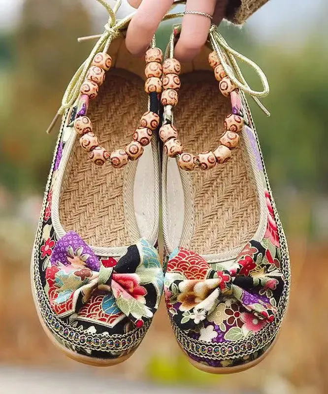 Black Bow Splicing Boho Wedge High Wedge Heels Shoes ML1032