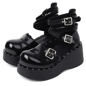 Black Glossy Triple Buckle Closed Toe Platform Wedge Heels