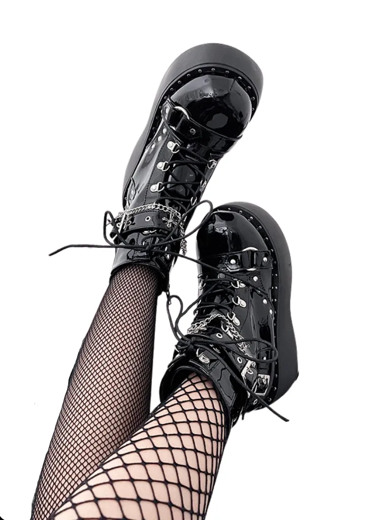 Boots Platform Round Punk Cross Toe