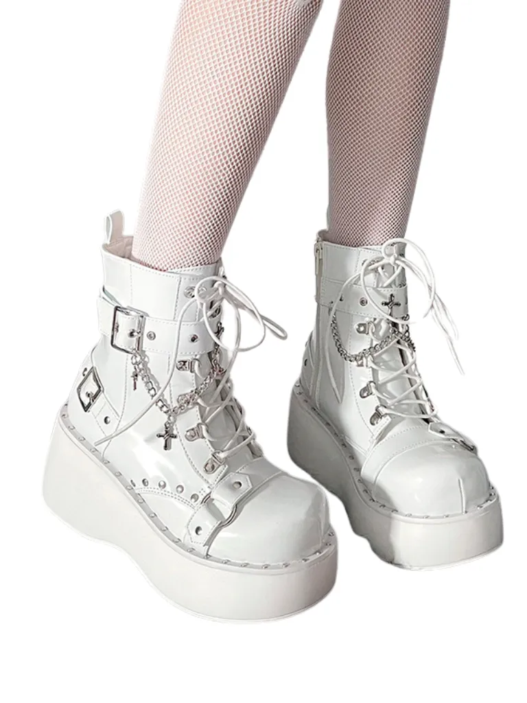 Boots Platform Round Punk Cross Toe