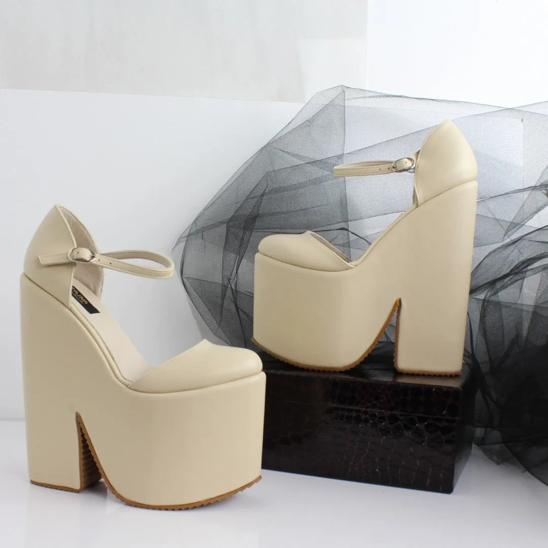 Cream Nude Strap High Heel Wedges