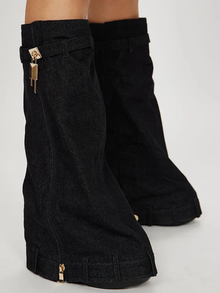 Denim Wedge Heel Boots