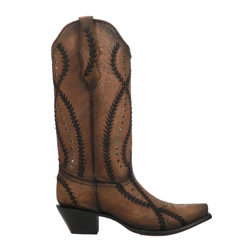 Embroidered Crystal Studded Snip Toe Pull On Cowboy Boots