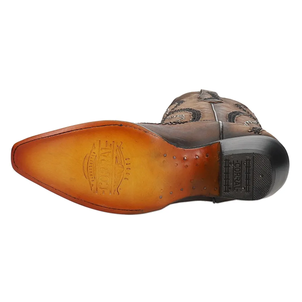 Embroidered Crystal Studded Snip Toe Pull On Cowboy Boots