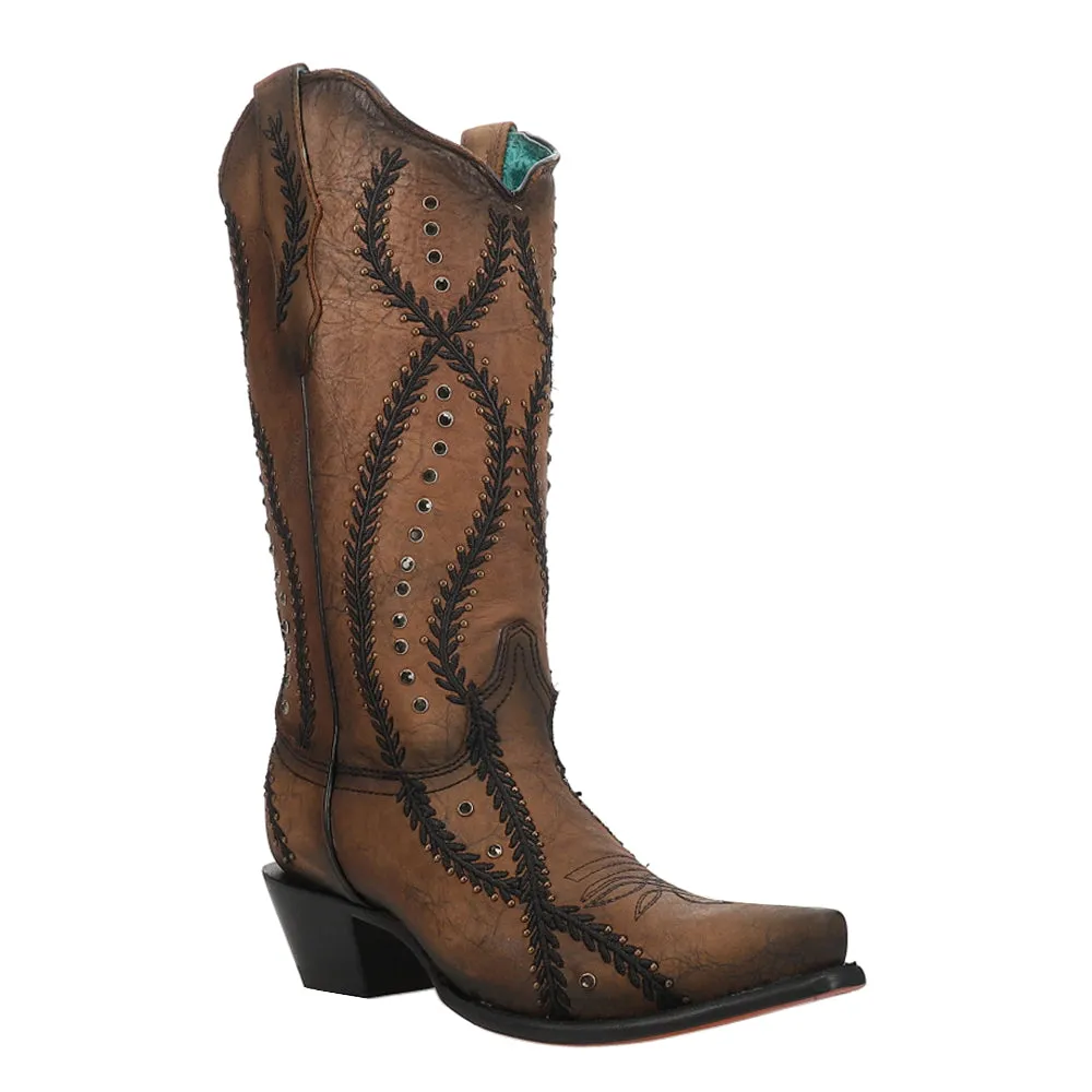Embroidered Crystal Studded Snip Toe Pull On Cowboy Boots