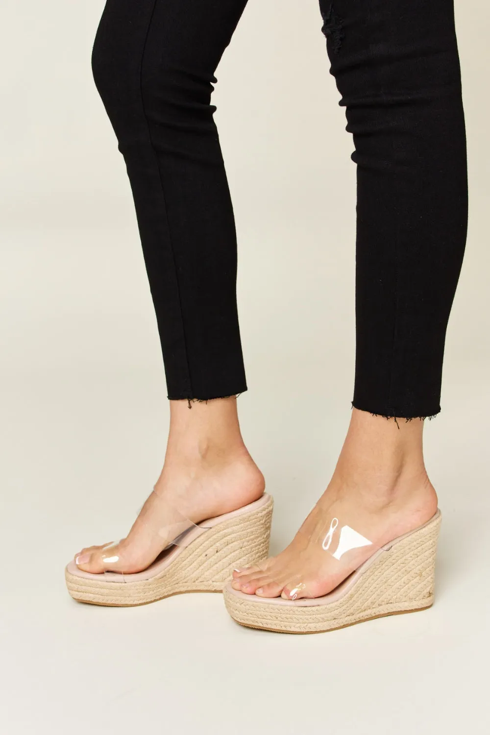 Forever Link Clear Strap Espadrille Nude Color Platform Wedge Tall Sandals