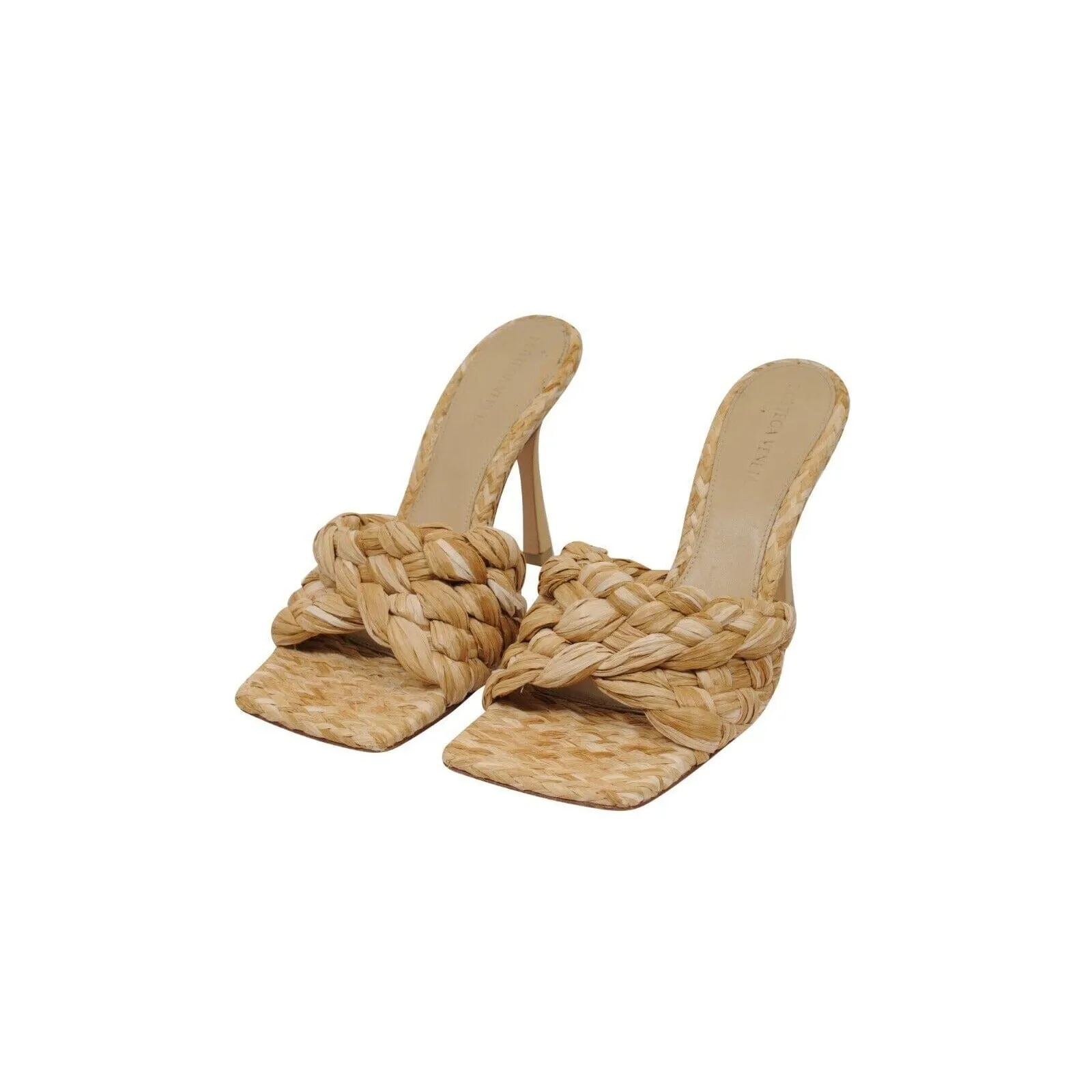 Intrecciato Woven Raffia Mules Tan Beige Sandals 90mm
