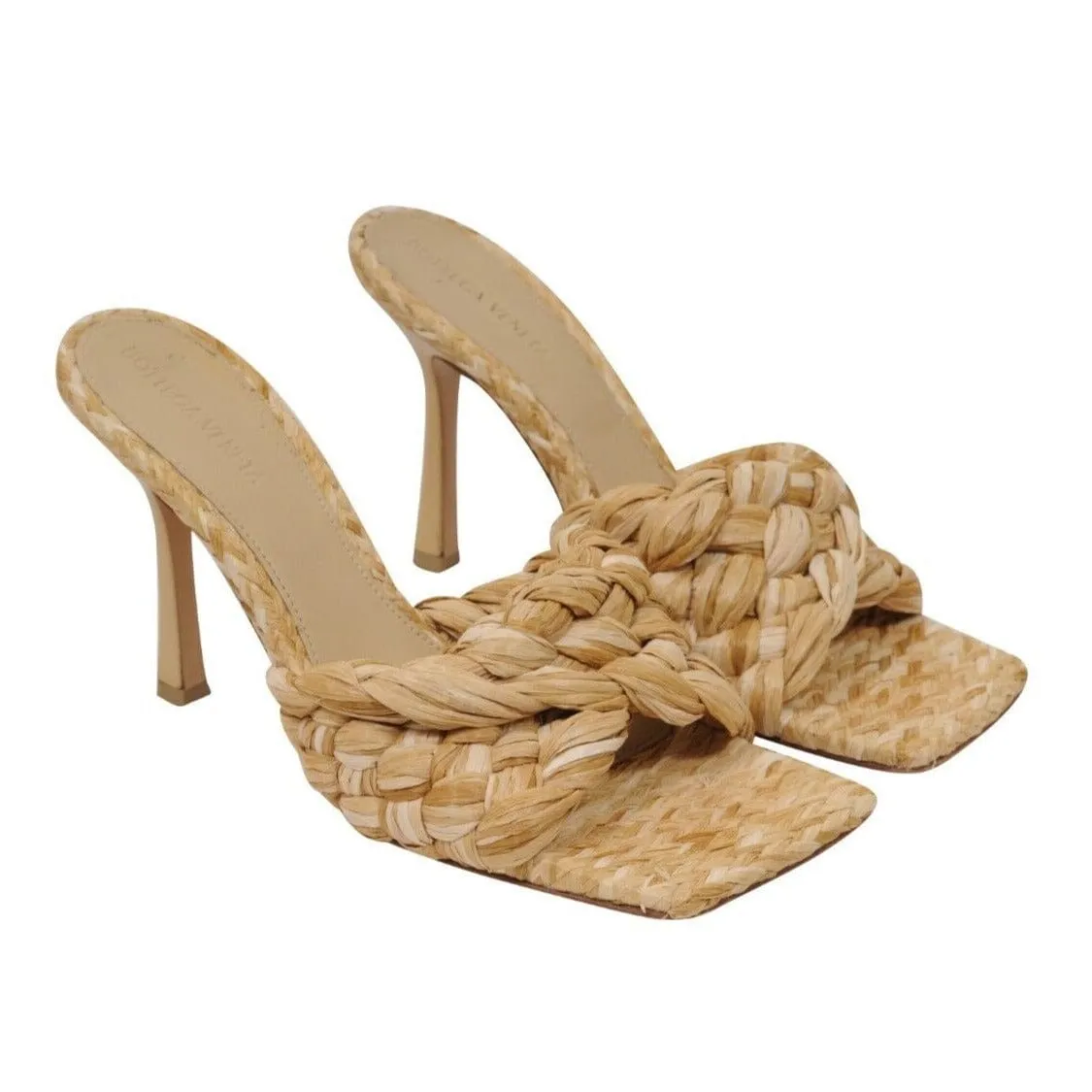 Intrecciato Woven Raffia Mules Tan Beige Sandals 90mm
