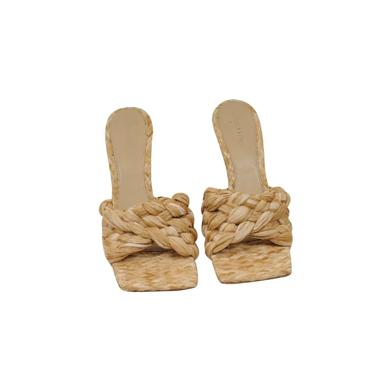 Intrecciato Woven Raffia Mules Tan Beige Sandals 90mm