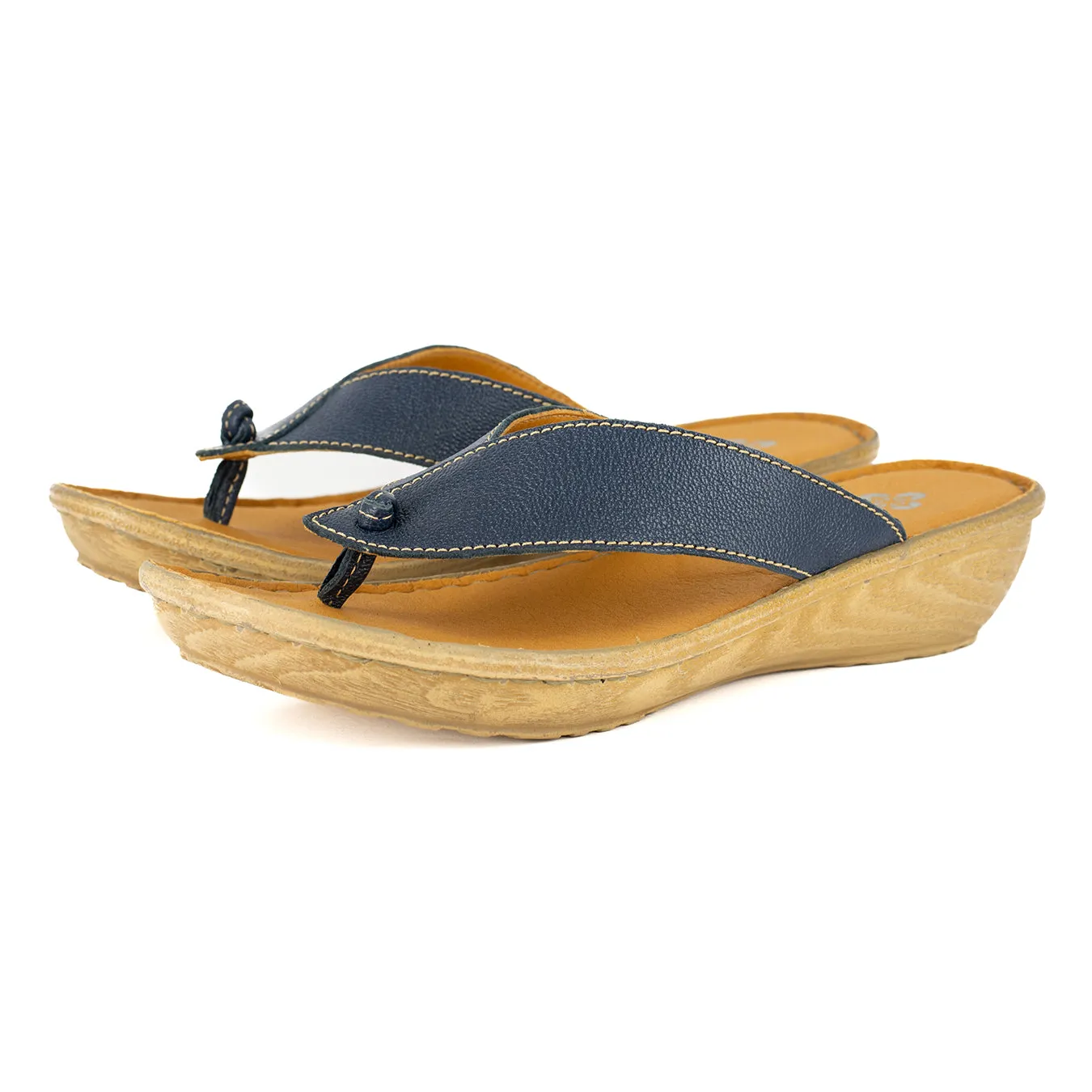 Isanya : Ladies Leather Tslops Wedge Heel Sandals in Denim Cayak