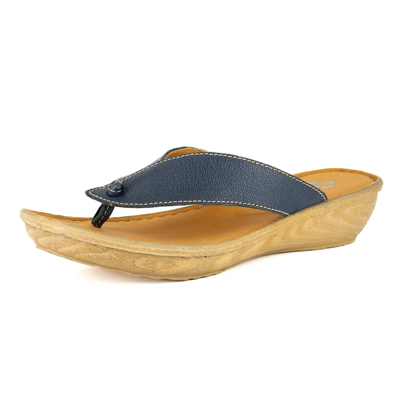 Isanya : Ladies Leather Tslops Wedge Heel Sandals in Denim Cayak