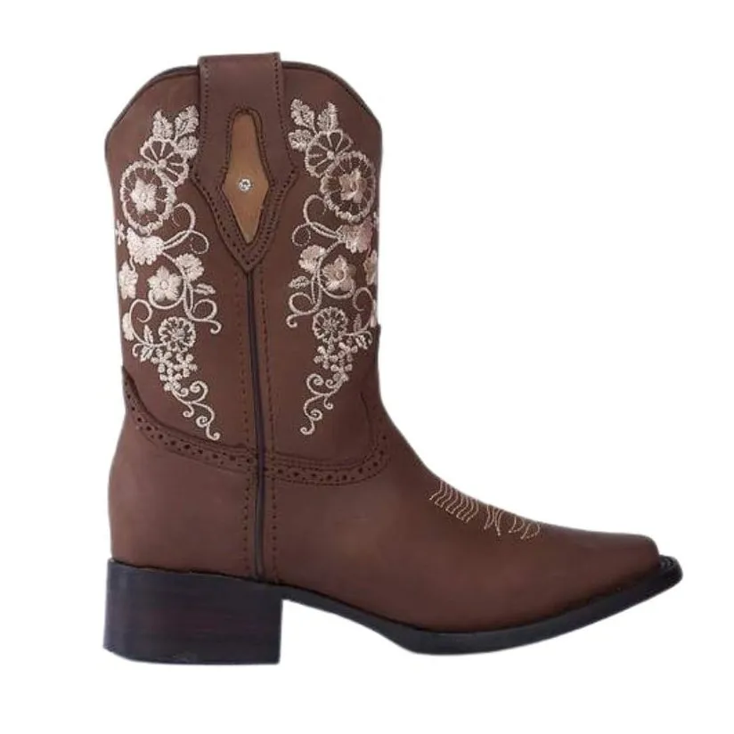 JB14-01 Women's Western Ankle Boots Brown, Embroidered Boots: Square Toe.
