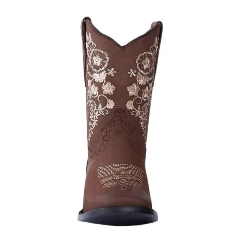 JB14-01 Women's Western Ankle Boots Brown, Embroidered Boots: Square Toe.