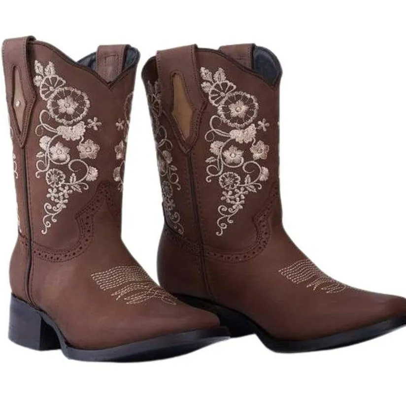 JB14-01 Women's Western Ankle Boots Brown, Embroidered Boots: Square Toe.