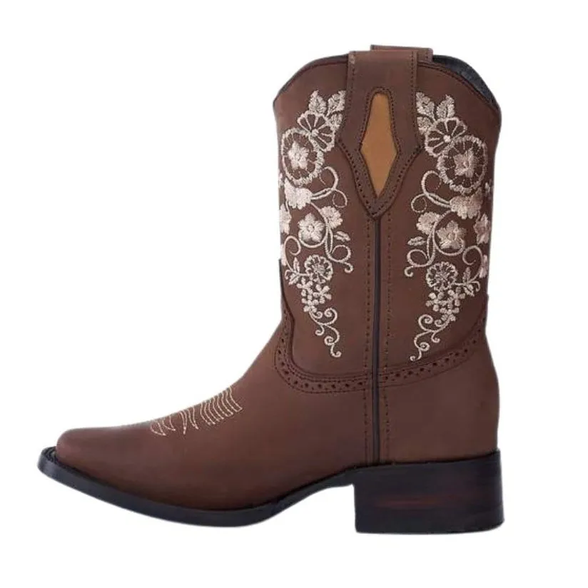 JB14-01 Women's Western Ankle Boots Brown, Embroidered Boots: Square Toe.