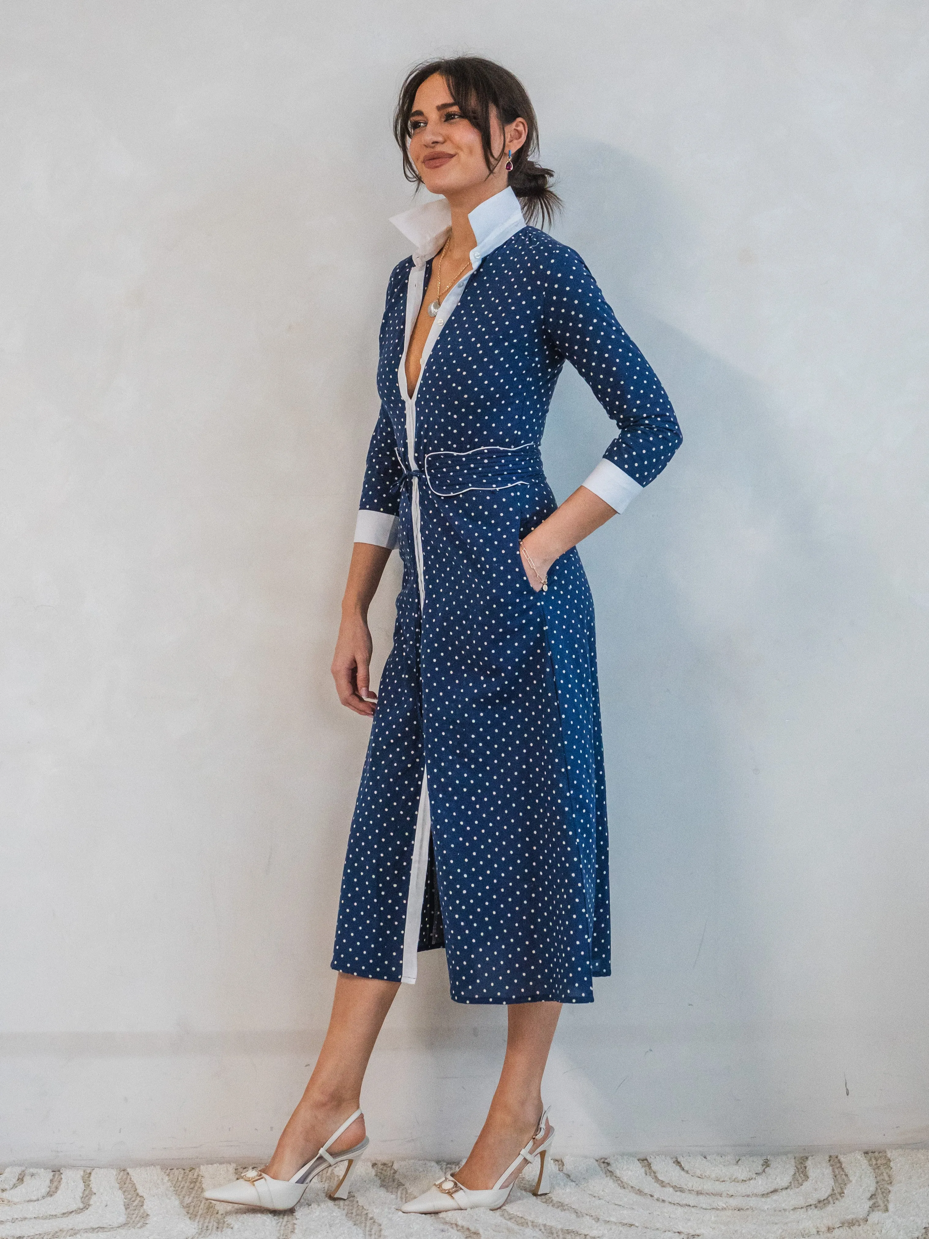 'JOY' DRESS IN NAVY DOTTY