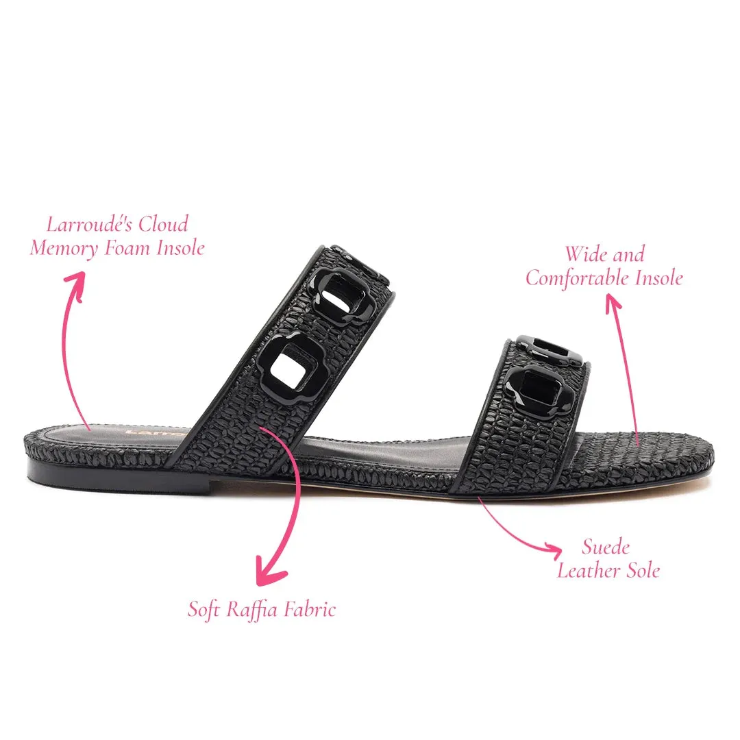 LARROUDÉ Milan Flat Mule In Black Wave Raffia