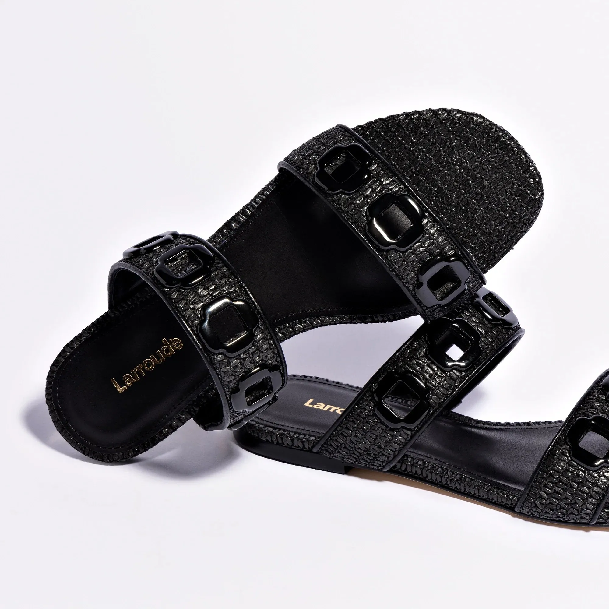 LARROUDÉ Milan Flat Mule In Black Wave Raffia