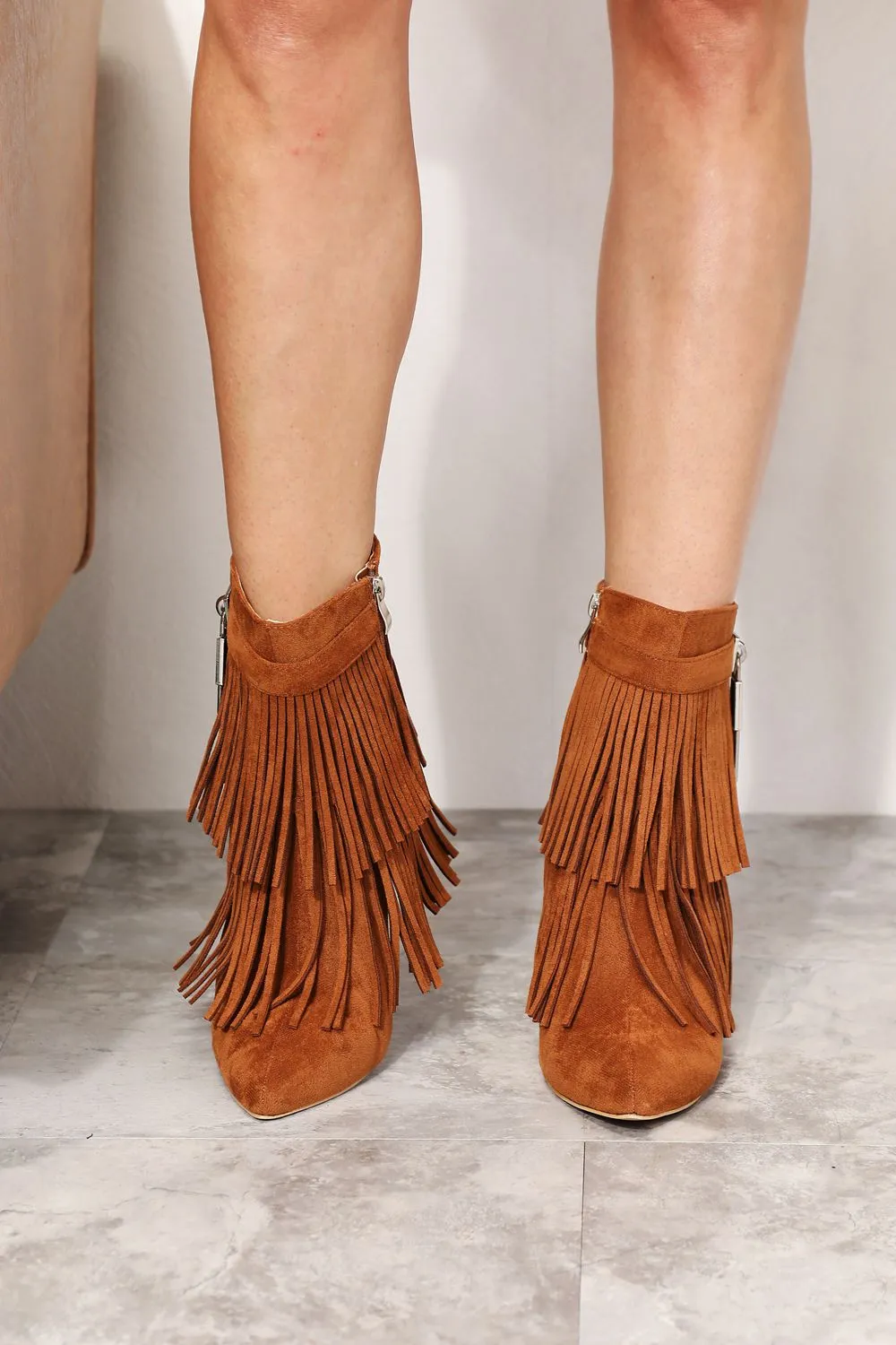 Legend Fringe Tassel Pointy Toe Wedge Heel Ankle Booties Ochre Brown Clay Boots
