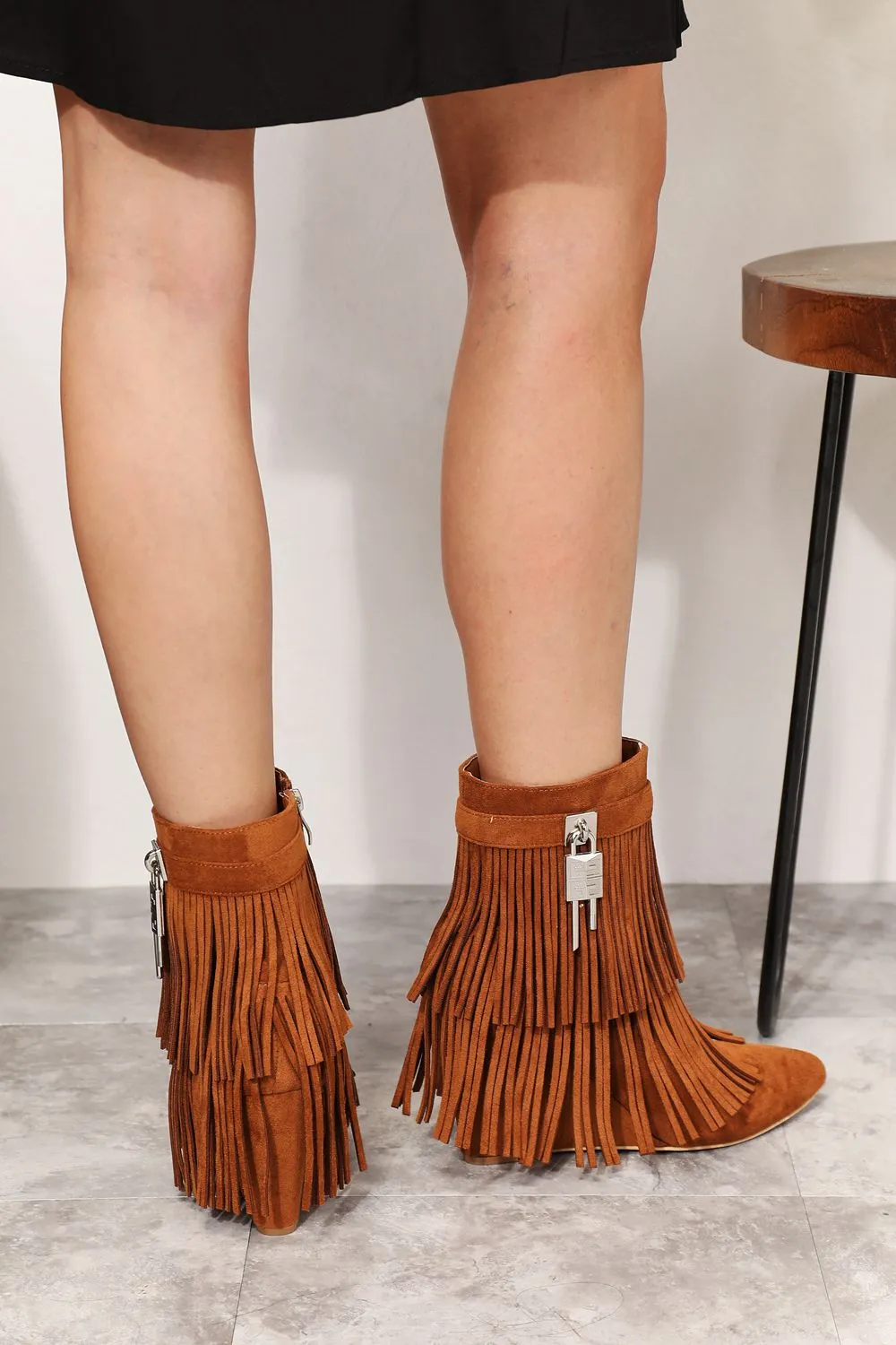 Legend Fringe Tassel Pointy Toe Wedge Heel Ankle Booties Ochre Brown Clay Boots