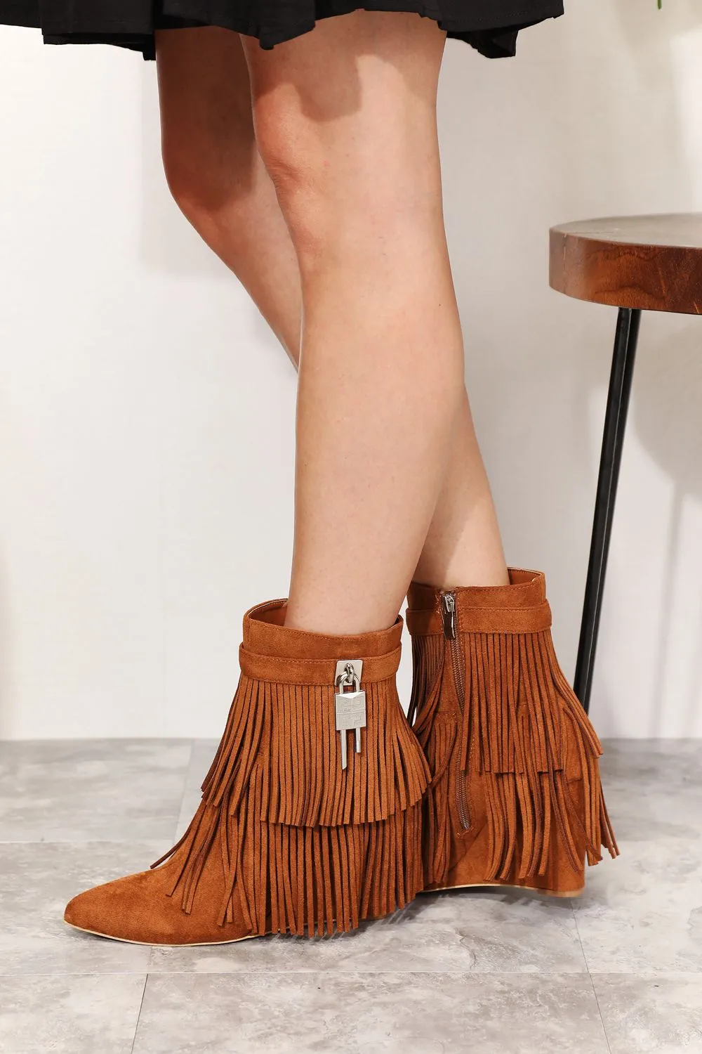 Legend Fringe Tassel Pointy Toe Wedge Heel Ankle Booties Ochre Brown Clay Boots