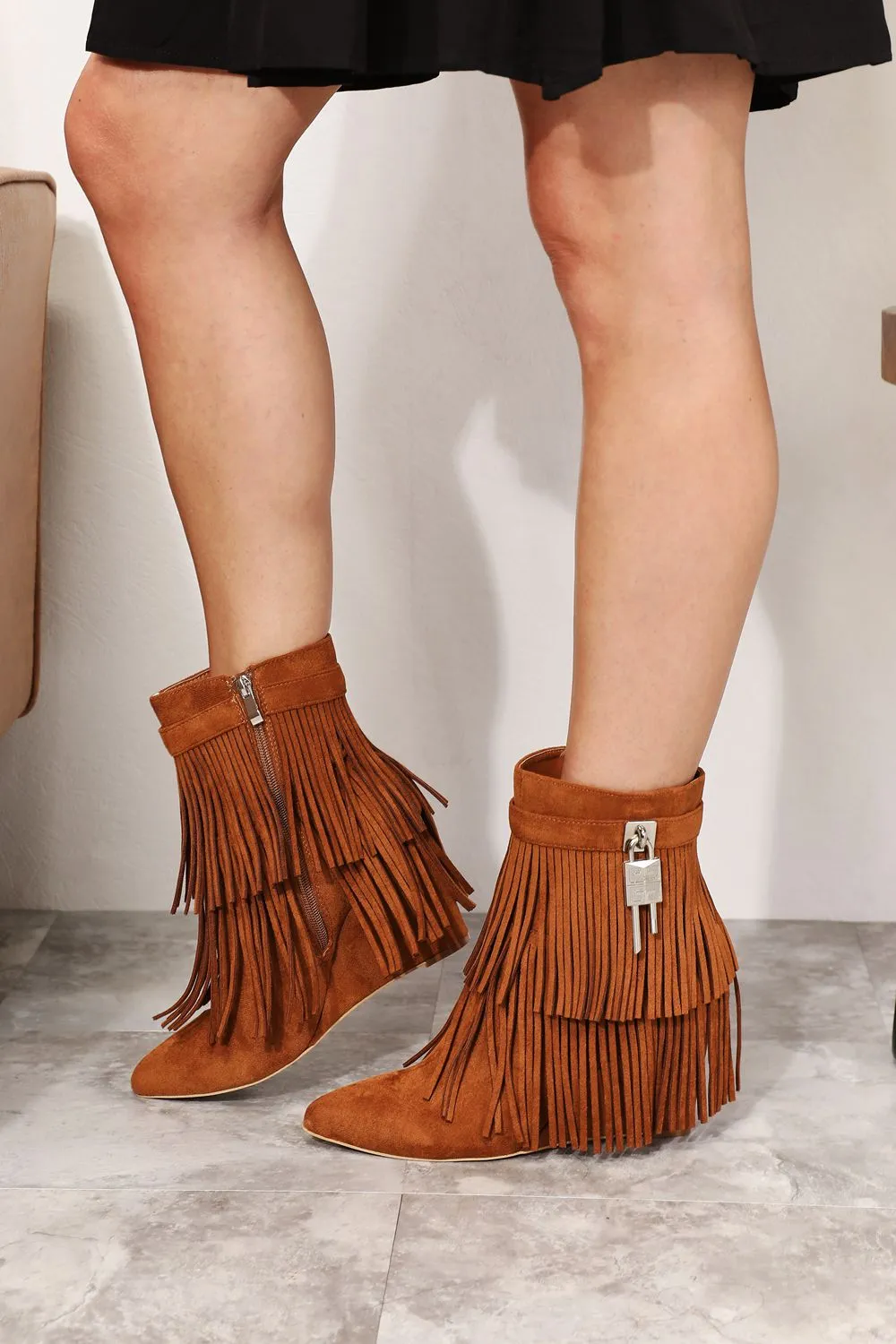 Legend Fringe Tassel Pointy Toe Wedge Heel Ankle Booties Ochre Brown Clay Boots