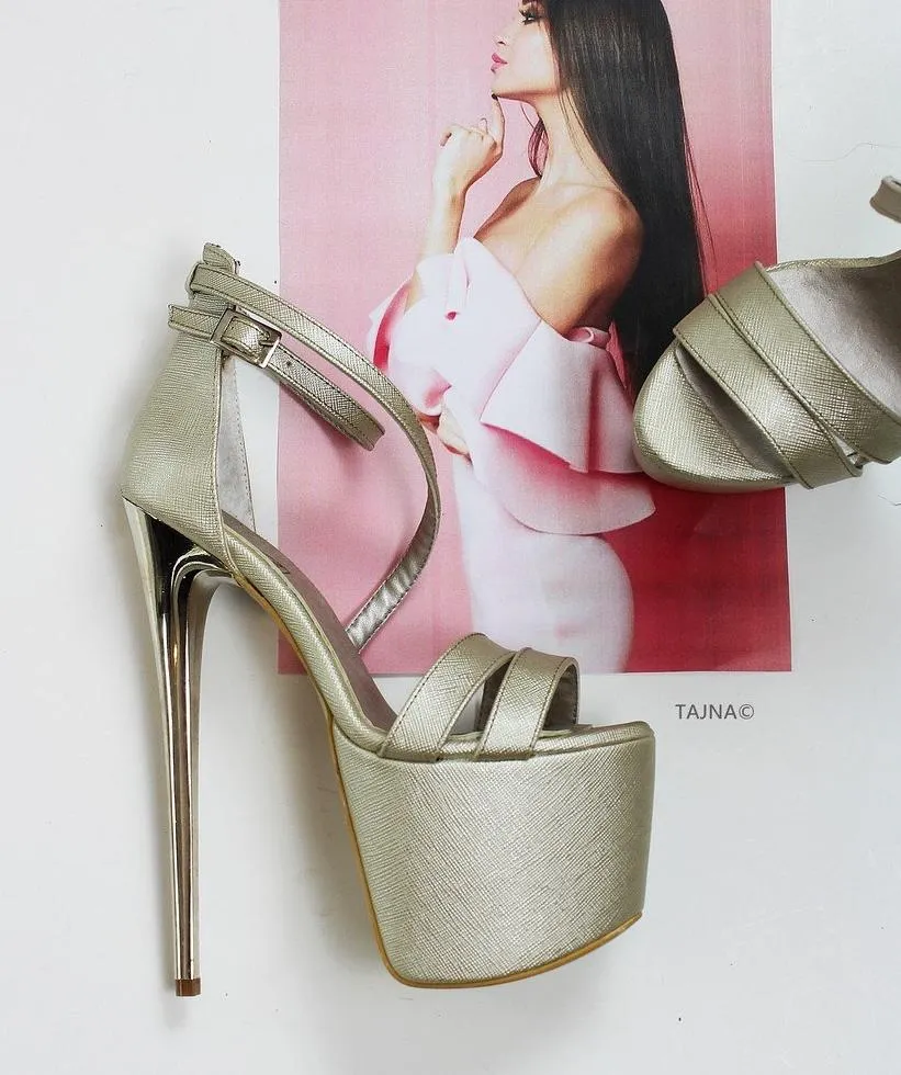 Matte Gold Cross Strap Platform Shoes