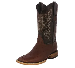 Mens Brown Cowboy Boots Ostrich Quill Print Leather - Square Toe
