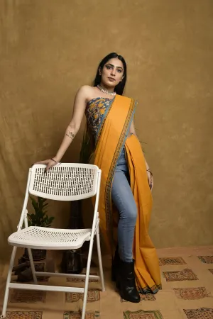 Mustard Blue South Cotton Saree with Contrast Kalamkari Blouse