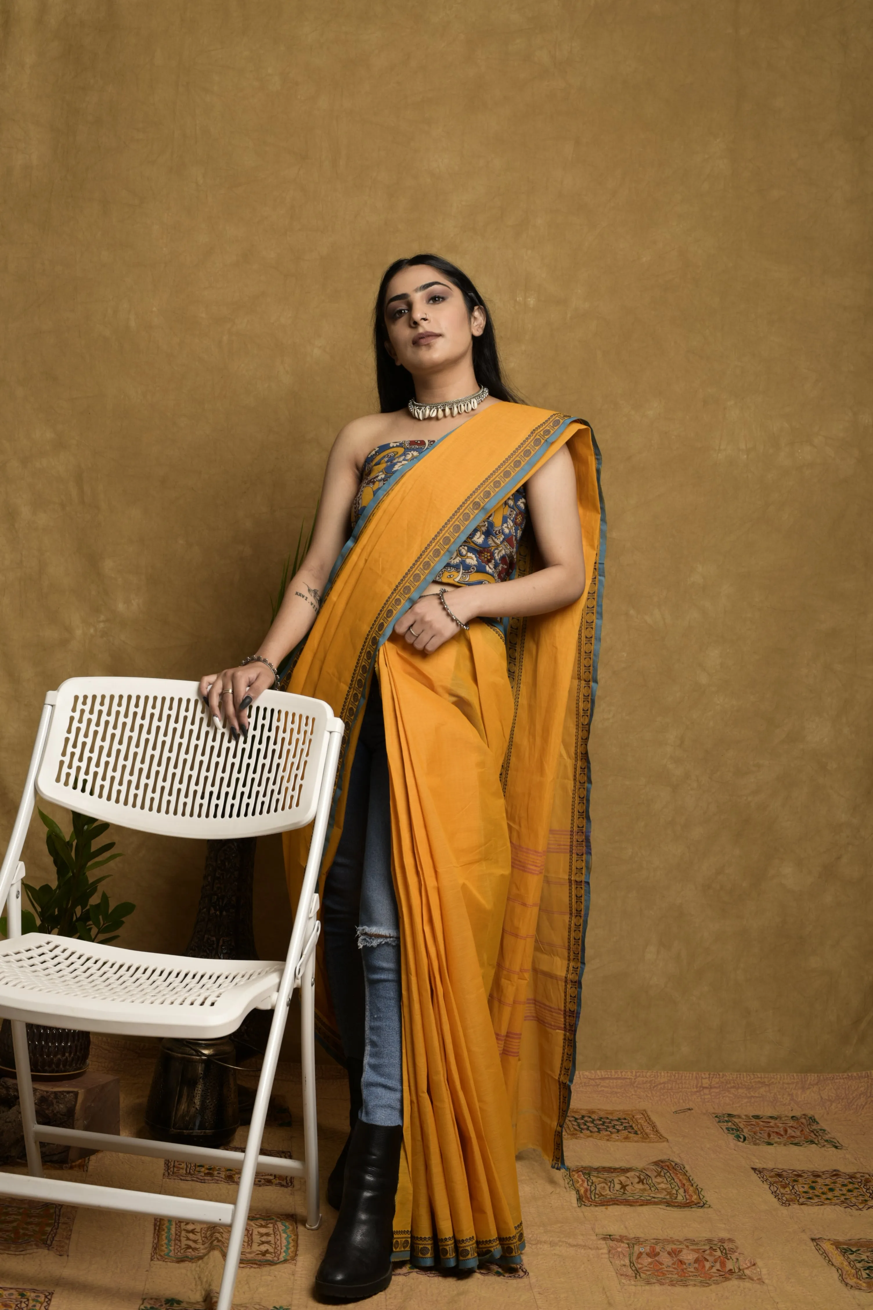 Mustard Blue South Cotton Saree with Contrast Kalamkari Blouse