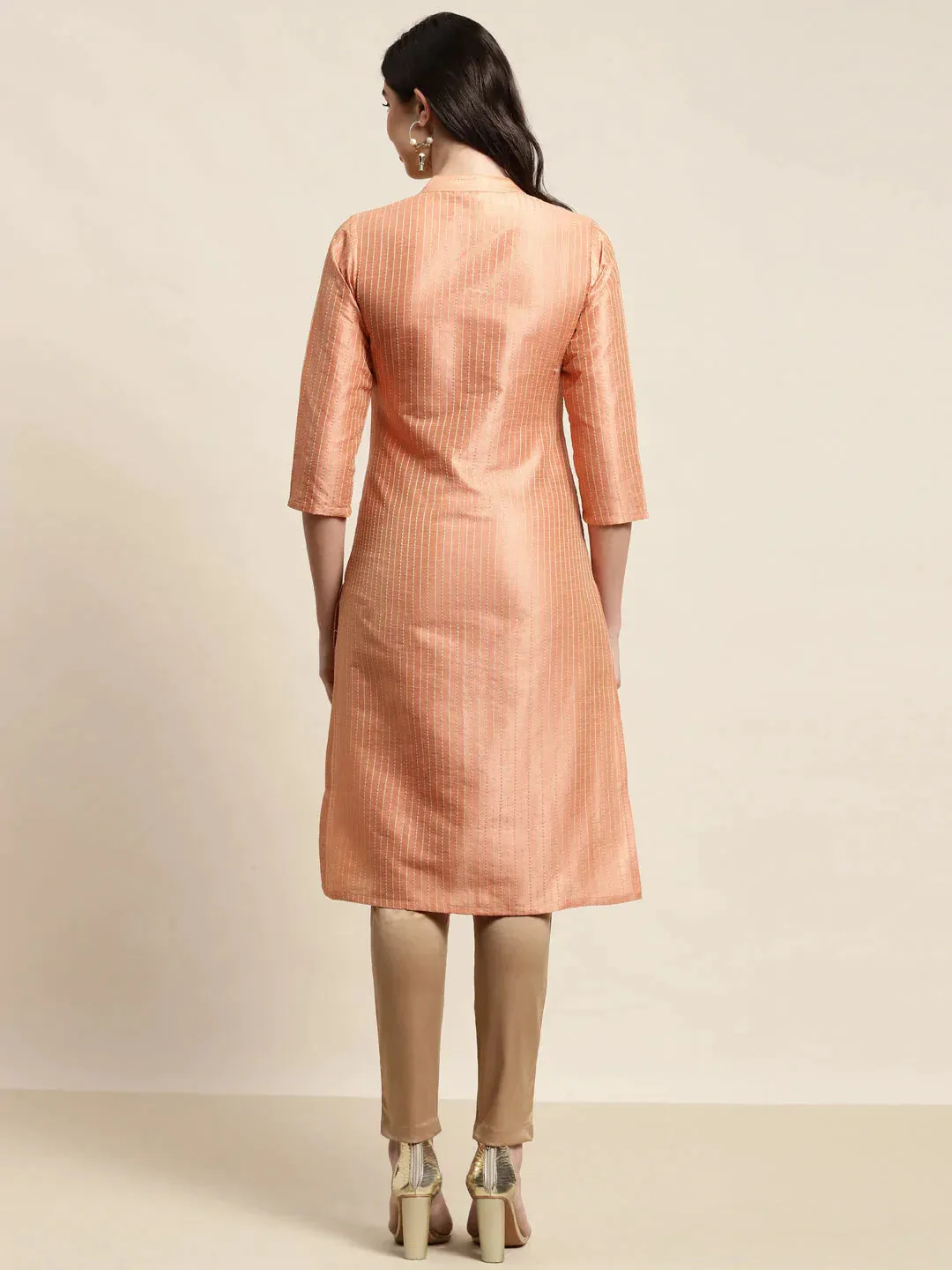 Orange Striped Thread Work Kurta