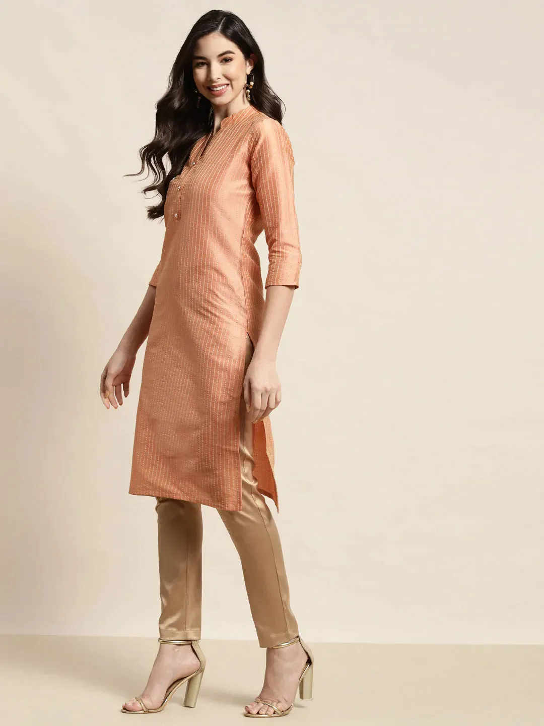 Orange Striped Thread Work Kurta