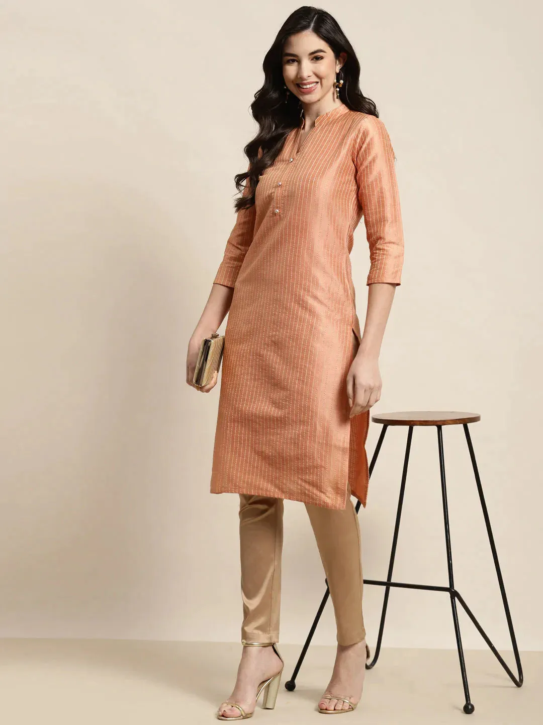 Orange Striped Thread Work Kurta