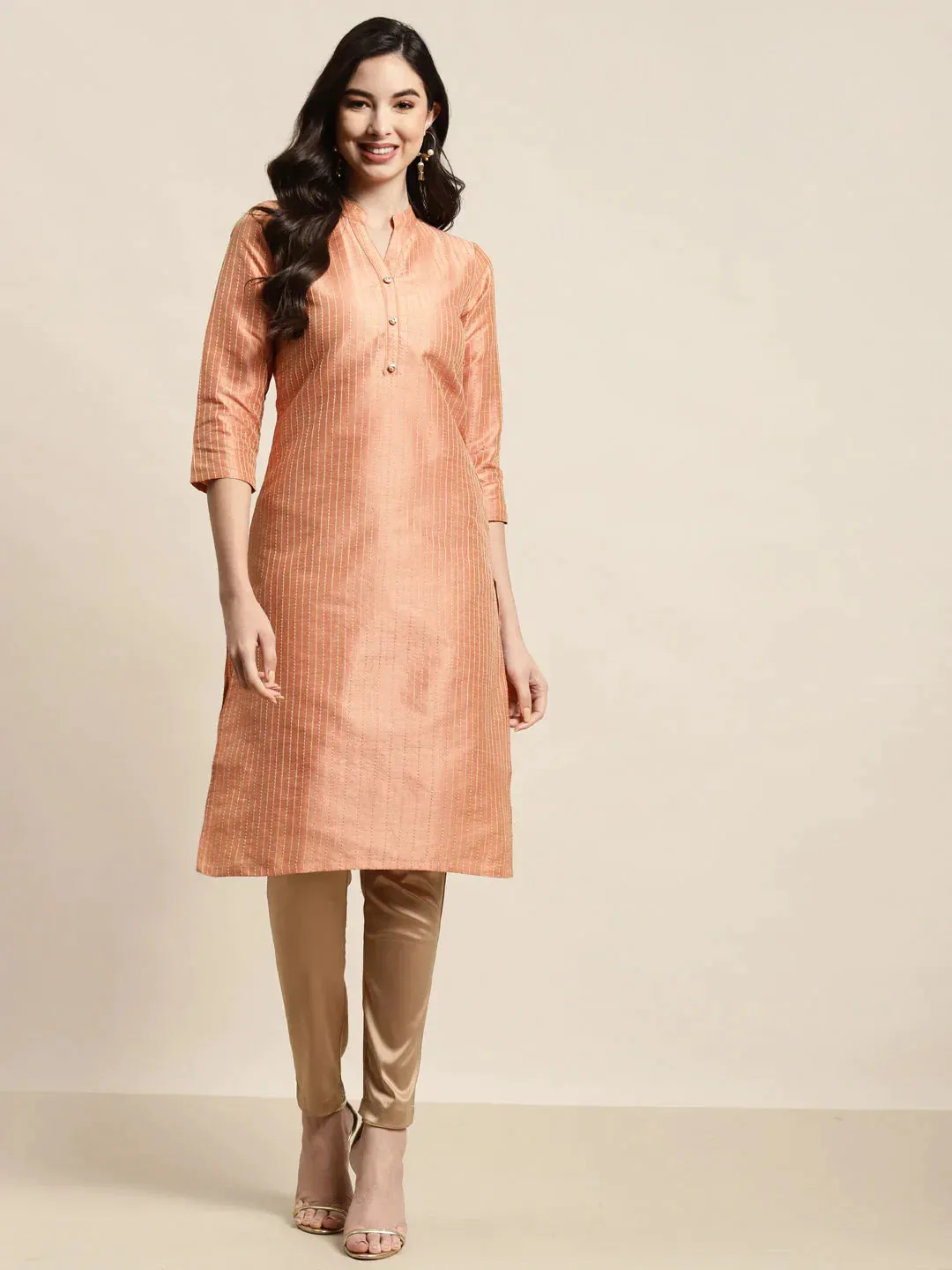 Orange Striped Thread Work Kurta