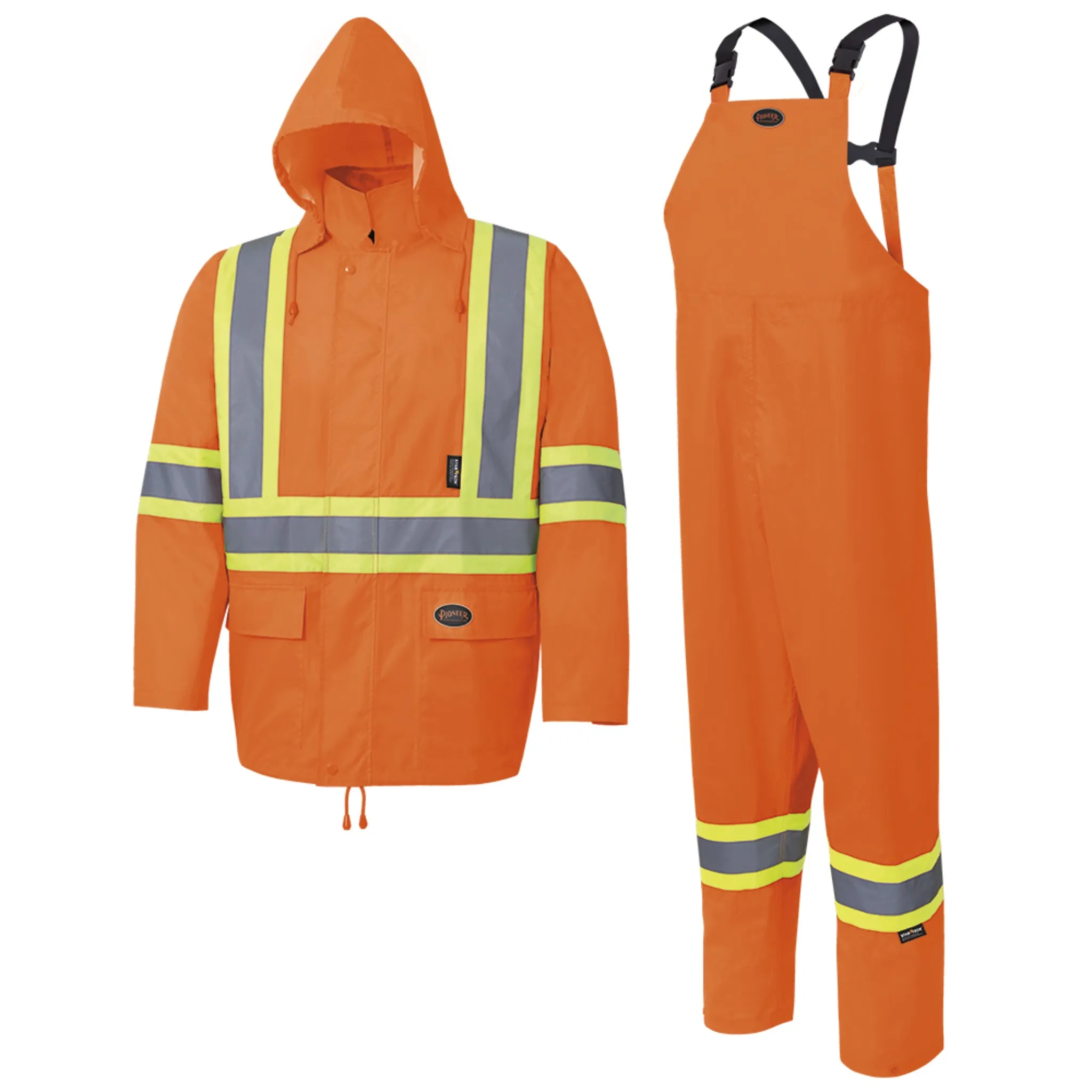 Pioneer Men's Hi-Vis 150D Rain Suit | CSA Poly/PVC Waterproof, Reflective Safety Gear, 2-Piece Set with Hooded Jacket & Bib Pants | Sizes S-4XL