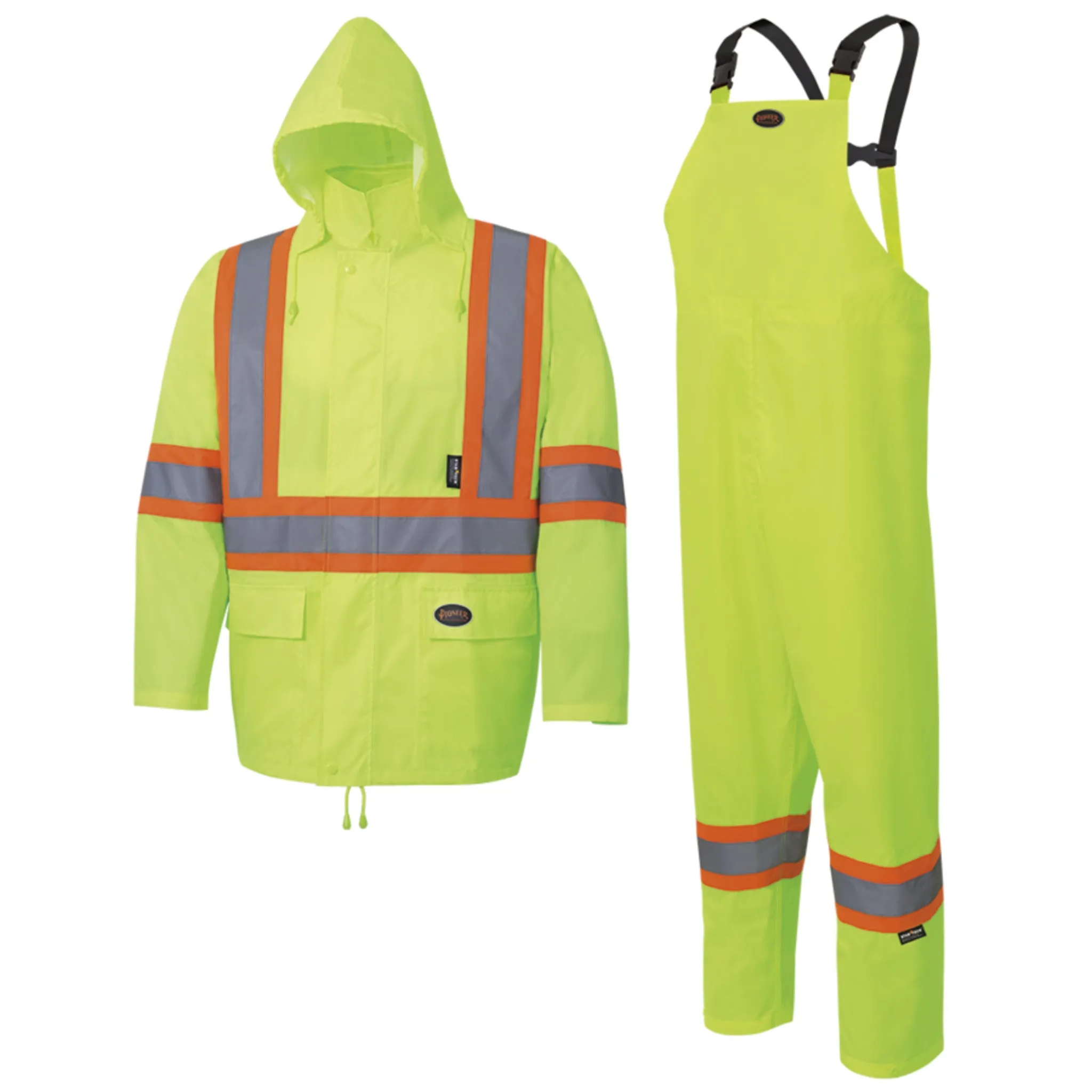 Pioneer Men's Hi-Vis 150D Rain Suit | CSA Poly/PVC Waterproof, Reflective Safety Gear, 2-Piece Set with Hooded Jacket & Bib Pants | Sizes S-4XL