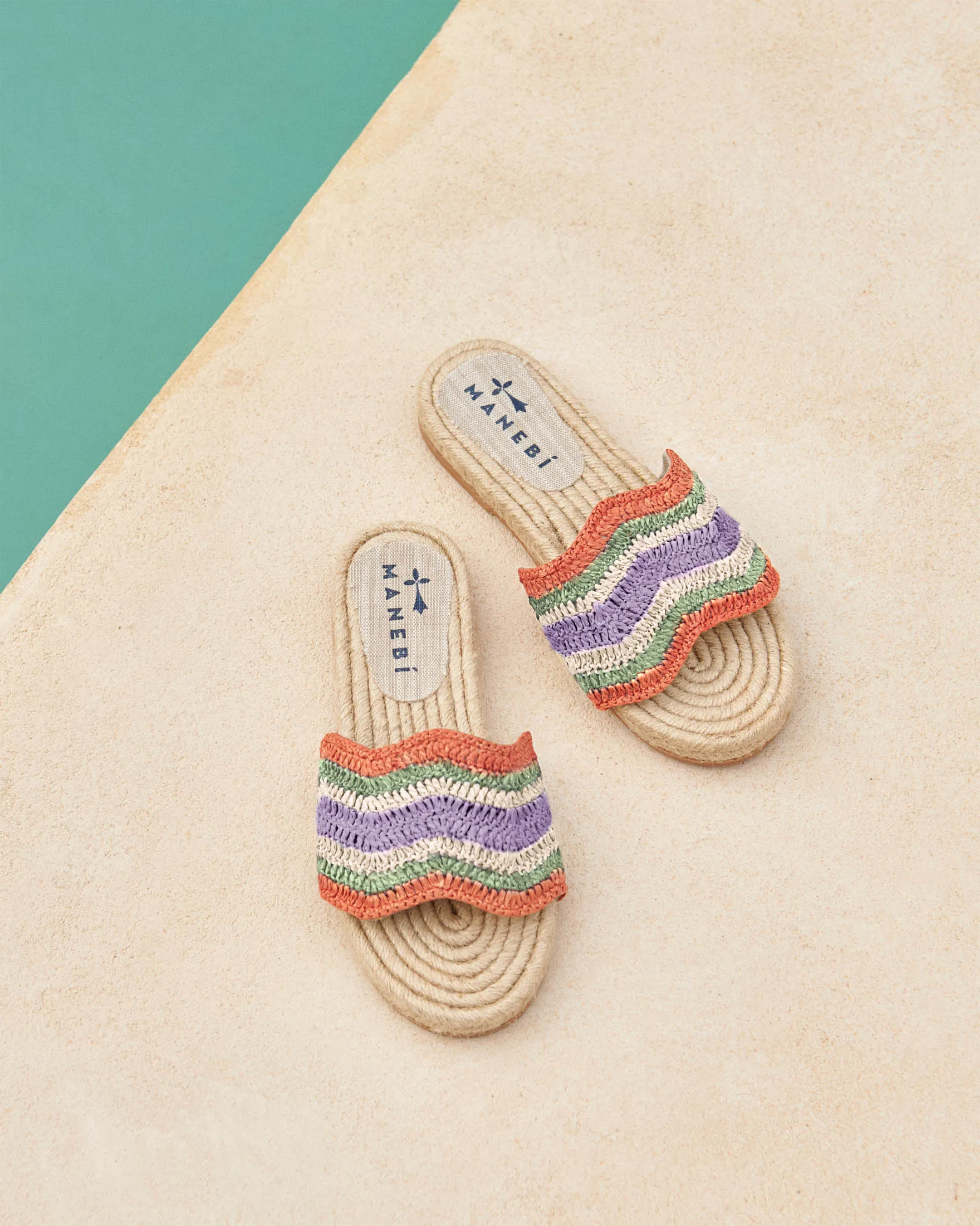 Raffia Crochet Jute Sandals - P84Y0 - Yucatán Sage And Orange Rust Stripes