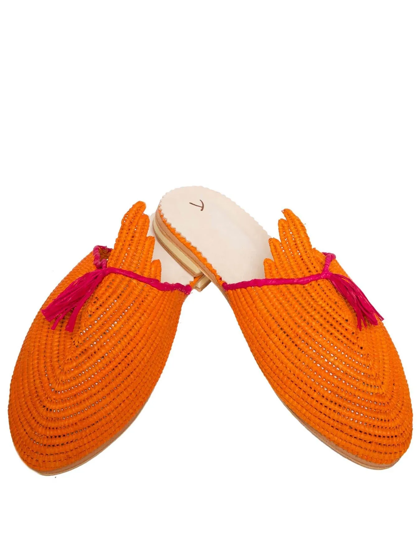 Raffia Slippers with Tassle, Orange and Pink