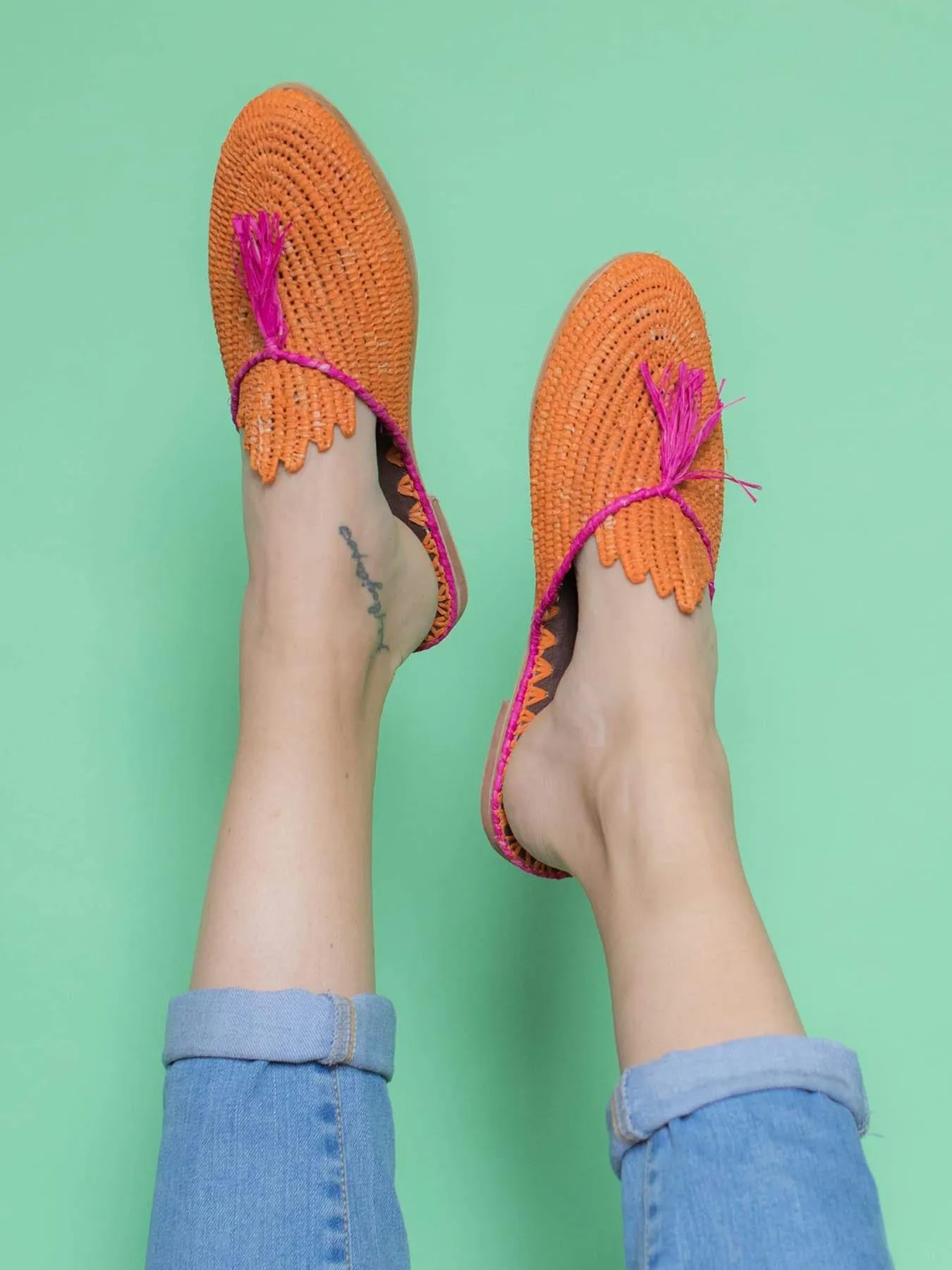 Raffia Slippers with Tassle, Orange and Pink