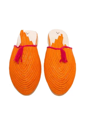 Raffia Slippers with Tassle, Orange and Pink
